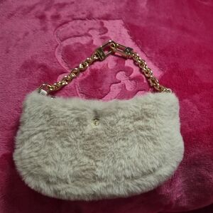 Elegant Cream Fur Women Bag with Gold Chain